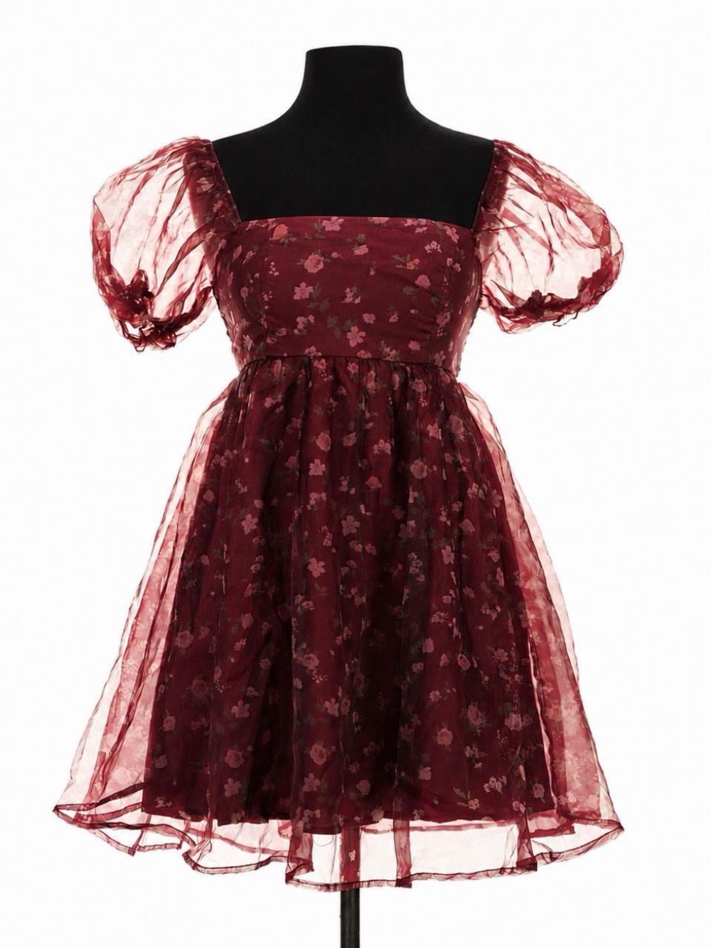 Altar’d State Burgundy Floral Organza Puff Sleeve Mini Dress Small